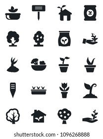Set of vector isolated black icon - flower in pot vector, seedling, tree, sproute, plant label, fertilizer, fruit, salad, eco house, palm