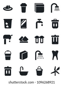 Set of vector isolated black icon - trash bin vector, shower, bucket, tooth, mobile, blank box, water supply, bathroom, serviette, filter, windmill