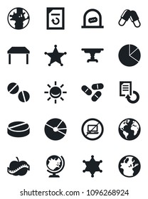 Set of vector isolated black icon - no laptop vector, ticket office, globe, document reload, pills, diet, earth, pie graph, table, police, alarm led