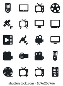 Set of vector isolated black icon - tv vector, reel, satellite, video camera, remote control, monitor
