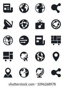 Set of vector isolated black icon - satellite antenna vector, bomb in case, globe, plane, earth, pin, consolidated cargo, network, share, news, social media