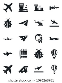 Set of vector isolated black icon - plane vector, departure, arrival, ladder car, boarding, helicopter, seat map, globe, airport building, lady bug, paper, air balloon