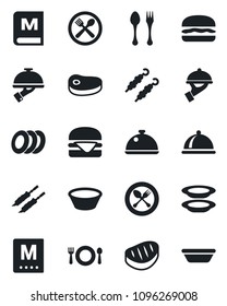 Set of vector isolated black icon - spoon and fork vector, dish, cafe, menu, plates, waiter, steak, kebab, hamburger, bowl