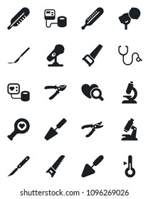Set of vector isolated black icon - trowel vector, pruner, saw, stethoscope, blood pressure, thermometer, heart diagnostic, microscope, scalpel, microphone