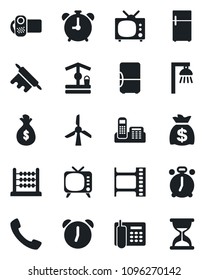 Set of vector isolated black icon - alarm clock vector, money bag, well, film frame, tv, video camera, call, abacus, office phone, rolling pin, outdoor lamp, fridge, windmill, sand