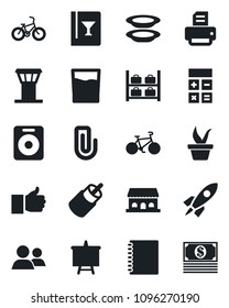 Set of vector isolated black icon - airport tower vector, luggage storage, calculator, presentation board, printer, seedling, bike, speaker, group, finger up, rca, copybook, paper clip, wine card