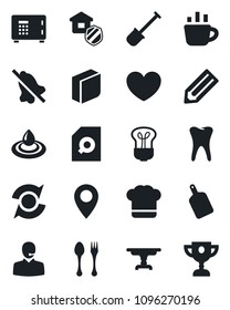 Set of vector isolated black icon - spoon and fork vector, safe, coffee, pencil, shovel, heart, tooth, pin, mute, update, document search, blank box, support, table, estate insurance, cook hat, bulb