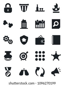 Set Of Vector Isolated Black Icon - Pennant Vector, Medal, Document Search, Calendar, Fire, Lungs, Broken Bone, Menu, Update, Copybook, Stamp, Lock, City House, Alcohol, Home Protect, Police, Target