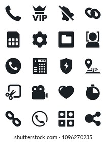 Set of vector isolated black icon - phone vector, vip, navigation, chain, heart, call, protect, settings, stopwatch, sim, folder, mute, cut, face id, video, application, combination lock