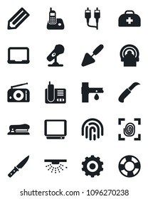 Set of vector isolated black icon - gear vector, notebook pc, pencil, trowel, garden knife, drip irrigation, doctor case, tomography, microphone, radio, tv, phone, rca, fingerprint id, stapler