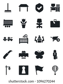 Set of vector isolated black icon - suitcase vector, female, baggage larry, office chair, desk, flower in pot, rake, wheelbarrow, butterfly, garden knife, light, truck trailer, shield, meeting, flag