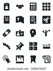 Set of vector isolated black icon - dispatcher vector, checkroom, handshake, identity card, crisis graph, brainstorm, drawing pin, seedling, patch, caries, touch screen, menu, scanner, cut, contract