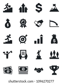 Set of vector isolated black icon - dispatcher vector, handshake, growth statistic, dollar sign, pedestal, medal, money bag, document, cash, career ladder, target, arrow up graph, motivation, crisis