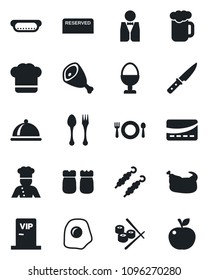 Set of vector isolated black icon - spoon and fork vector, waiter, cook, dish, cafe, hat, reserved, beer, egg stand, salt pepper, vip zone, credit card, chicken, kebab, ham, hot dog, knife, sushi