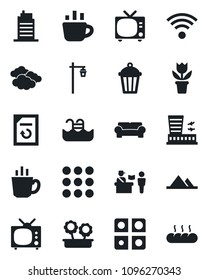 Set of vector isolated black icon - passport control vector, tv, clouds, airport building, coffee, document reload, flower in pot, garden light, menu, application, pool, mountains, wireless, bread