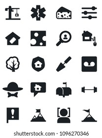 Set of vector isolated black icon - trowel vector, tree, ambulance star, barbell, important flag, tuning, record, face id, smart home, crane, estate insurance, mailbox, dress code, cheese, control