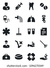 Set of vector isolated black icon - rake vector, watering, doctor case, diagnosis, syringe, blood test vial, dropper, pills, patch, ambulance star, lungs, caries, no trolley, hook, palm sproute