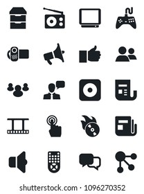 Set of vector isolated black icon - film frame vector, flame disk, radio, news, loudspeaker, gamepad, tv, video camera, remote control, touch screen, dialog, speaker, group, finger up, rec button