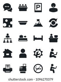 Set of vector isolated black icon - baggage conveyor vector, parking, no smoking, hierarchy, meeting, manager place, patient, dialog, user, root setup, update, printer, copier, house, bedroom, bowl