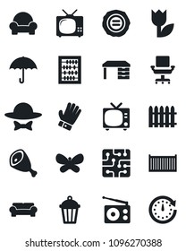 Set of vector isolated black icon - tv vector, abacus, desk, stamp, fence, glove, butterfly, garden light, cargo container, umbrella, tulip, radio, office chair, cushioned furniture, dress code, ham