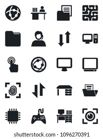 Set of vector isolated black icon - desk vector, support, folder document, gamepad, tv, network, touch screen, monitor, data exchange, manager, chip, fingerprint, pc, eye scan