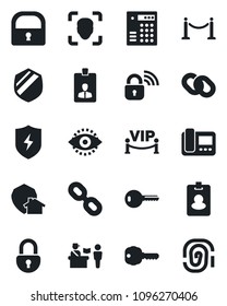 Set of vector isolated black icon - fence vector, passport control, identity card, shield, chain, protect, lock, face id, eye, key, vip zone, wireless, intercome, home, combination, pass