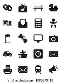 Set of vector isolated black icon - train vector, bomb in case, baby, mail, printer, bench, broken bone, camera, monitor, chain, battery, mobile, calculator, salad, cash, car, advertising