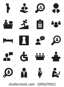 Set of vector isolated black icon - female vector, reception, bed, speaking man, manager place, disabled, pregnancy, client, speaker, group, identity card, meeting, career ladder, search, waiter