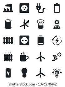 Set of vector isolated black icon - hot cup vector, bulb, factory, oil barrel, battery, low, charge, sun panel, windmill, heater, socket, power plug, radiator, idea