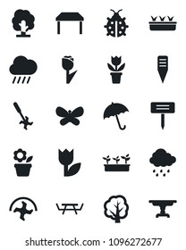 Set of vector isolated black icon - umbrella vector, flower in pot, ripper, tree, butterfly, lady bug, seedling, rain, plant label, picnic table, tulip
