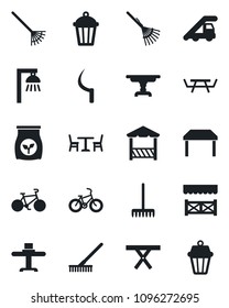 Set of vector isolated black icon - cafe vector, ladder car, rake, sickle, garden light, picnic table, fertilizer, bike, restaurant, alcove, outdoor lamp
