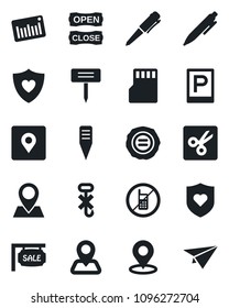 Set of vector isolated black icon - parking vector, no mobile, pen, stamp, plant label, heart shield, navigation, pin, hook, barcode, sd, cut, place tag, sale, open close, paper plane