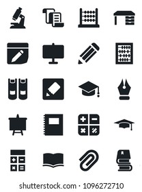 Set of vector isolated black icon - contract vector, book, calculator, graduate, abacus, desk, presentation board, pencil, microscope, notes, copybook, paper clip, ink pen