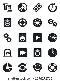 Set of vector isolated black icon - ticket office vector, washer, contract, circle chart, stamp, pills blister, play button, fast forward, update, pie graph, target, gear, clock, crisis management