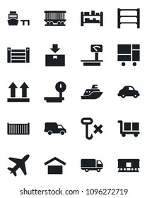 Set of vector isolated black icon - plane vector, railroad, sea shipping, cargo container, car delivery, port, consolidated, warehouse storage, up side sign, no hook, package, heavy scales, rack