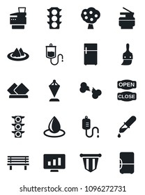 Set of vector isolated black icon - pennant vector, statistic monitor, water drop, bench, dropper, broken bone, traffic light, themes, copier, fruit tree, serviette, open close, fridge