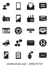 Set of vector isolated black icon - speaking man vector, office phone, loudspeaker, network, cell, speaker, mail, mobile, message, clipboard, reserved, schedule