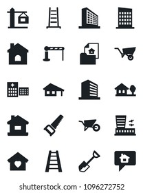 Set of vector isolated black icon - barrier vector, airport building, office, shovel, ladder, wheelbarrow, saw, house, hospital, with garage, tree, estate document, sweet home, city, crane, message