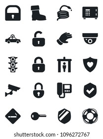 Set of vector isolated black icon - security gate vector, smoking place, alarm car, safe, glove, boot, hose, heart shield, traffic light, lock, key, intercome, surveillance, crisis management