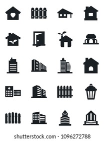 Set of vector isolated black icon - fence vector, house, garden light, hospital, office building, with garage, sweet home, city, cafe, eco, door