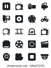 Set of vector isolated black icon - ticket office vector, clapboard, film frame, reel, tv, gamepad, video camera, pause button, stop, rec, hdmi, record, web, intercome, surveillance