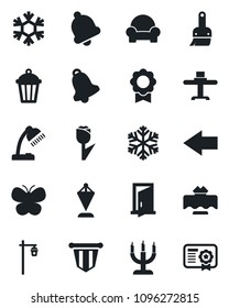 Set of vector isolated black icon - left arrow vector, pennant, butterfly, garden light, tulip, themes, bell, sertificate, desk lamp, cushioned furniture, restaurant table, candle, snowflake, door