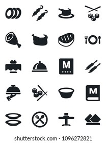 Set of vector isolated black icon - dish vector, restaurant table, cafe, menu, plates, waiter, chicken, steak, kebab, ham, bowl, sushi, serviette