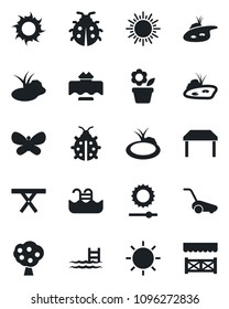 Set of vector isolated black icon - sun vector, flower in pot, lawn mower, butterfly, lady bug, pond, picnic table, brightness, pool, fruit tree, restaurant, alcove