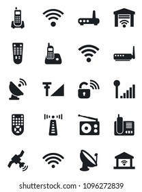 Set of vector isolated black icon - antenna vector, office phone, satellite, radio, remote control, wireless, cellular signal, lock, router, garage gate