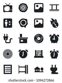 Set of vector isolated black icon - elevator vector, alarm clock, abacus, stamp, fireplace, film frame, vinyl, flame disk, gallery, house with tree, tv, power plug