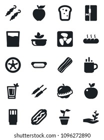 Set of vector isolated black icon - hot cup vector, seedling, diet, fridge, drink, phyto bar, salad, bacon, bread, kebab, dog, apple fruit, fan, palm sproute