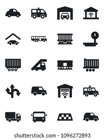 Set of vector isolated black icon - taxi vector, airport bus, ladder car, ambulance, route, railroad, truck trailer, delivery, heavy scales, garage, gate control
