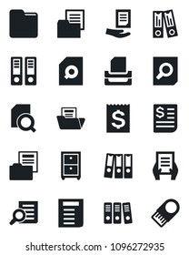 Set of vector isolated black icon - office binder vector, document search, receipt, folder, paper, tray, archive box, usb flash