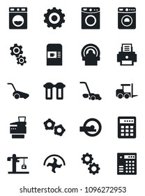 Set of vector isolated black icon - coffee machine vector, washer, fork loader, gear, ripper, lawn mower, tomography, printer, copier, crane, water filter, combination lock